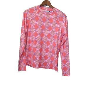 Cabana Life Womens Coral Geo Rash Guard UPF 50+ Long Sleeve Top Medium New Beach